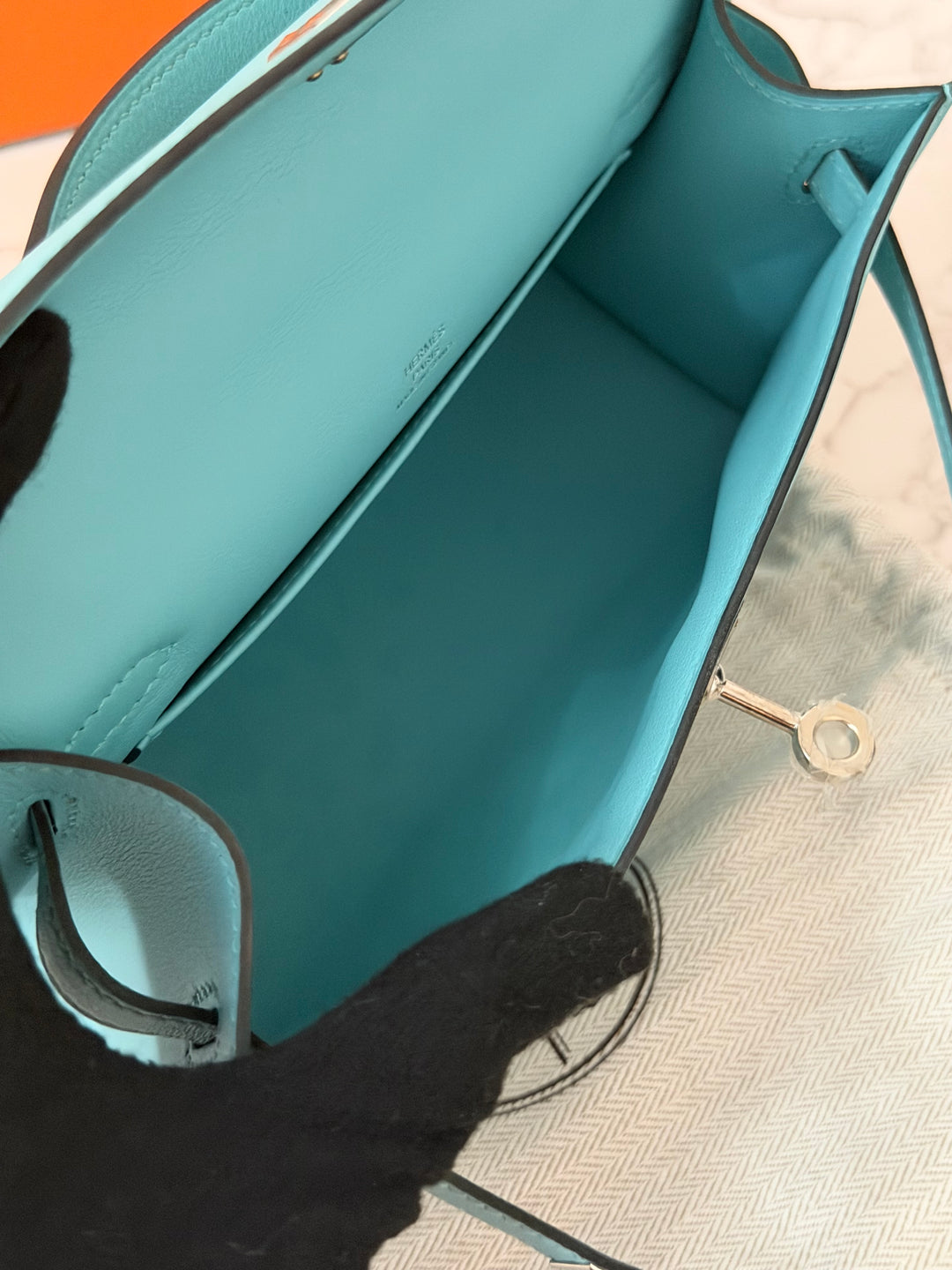 Hermès Kelly Pochette Swift Leather in Bleu Atoll 3P PHW Palladium Hardware Stamp T