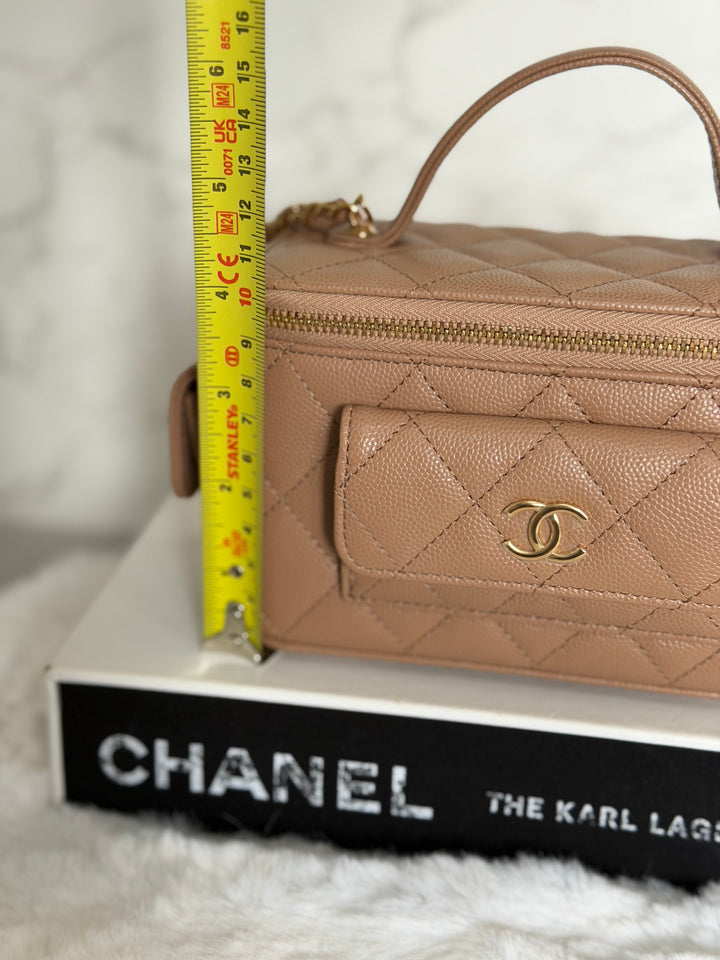 CHANEL Dark Beige Caviar Cargo Polly Pocket Vanity Case with Top Handle GHW 2023