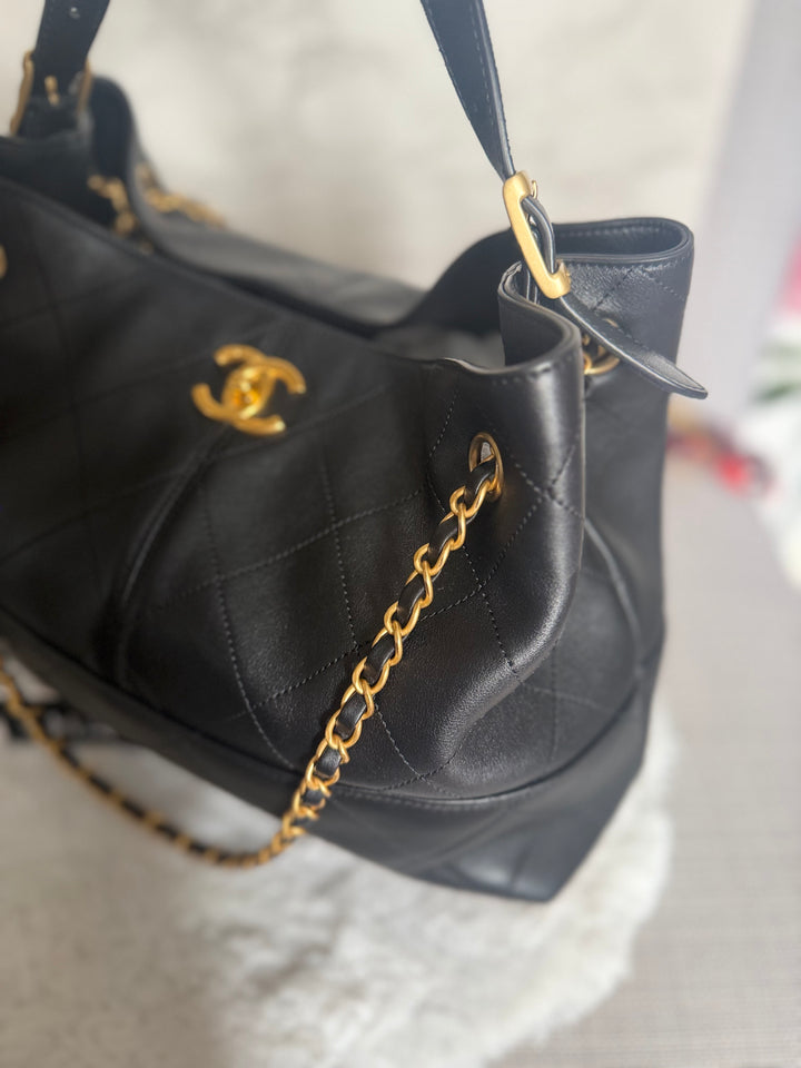 CHANEL 25A Black Calf Skin aged GHW Hobo Shopping Bag size Small 2025