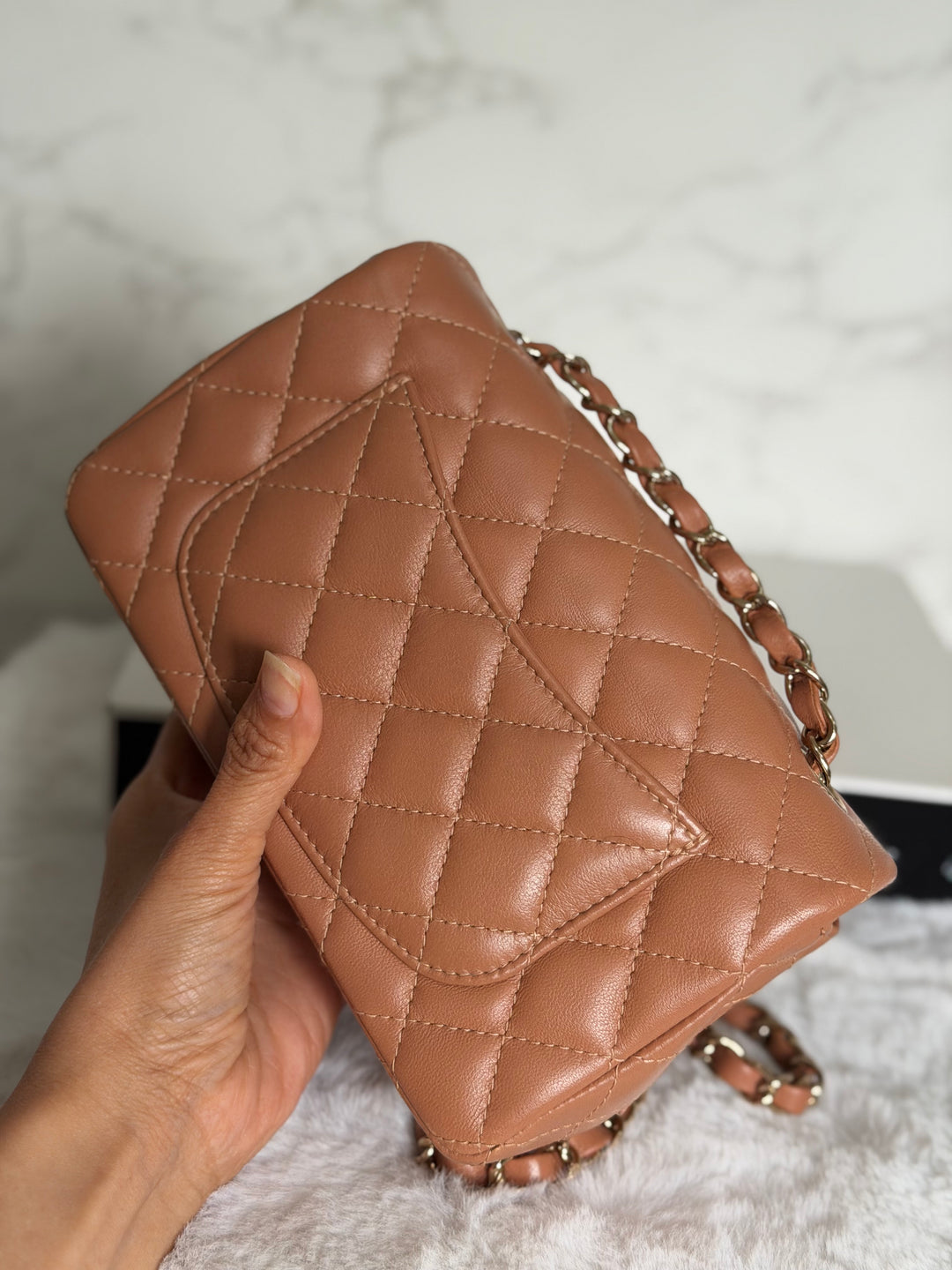 CHANEL 22S Caramel Brown NB356 Lambskin LGHW Mini Rectangular Flap Bag 2022
