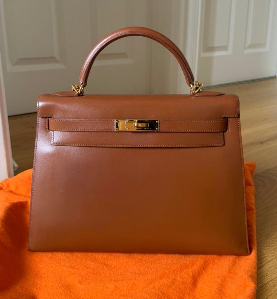 HERMÈS Kelly 32 Noisette Box leather GHW Stamp F in sq 2002 RARE