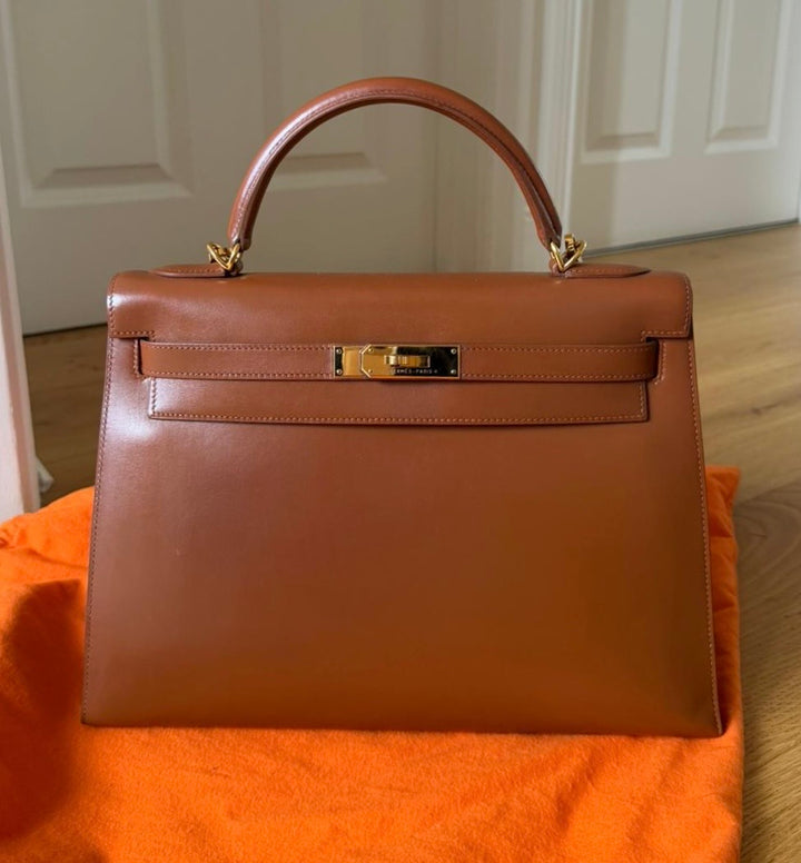 HERMÈS Kelly 32 Noisette Box leather GHW Stamp F in sq 2002 RARE