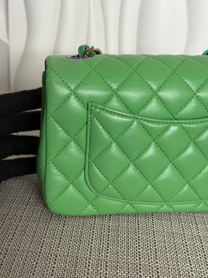 CHANEL series 31 21P Two Tone Green Blue Lambskin Rainbow Iridescent Hardware Mini Rectangular Flap Bag 2021
