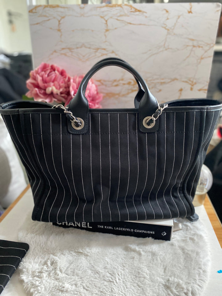 Chanel 23P 2023 collection in Black/White Stripe Canvas Deauville Tote with Top Handle and detachable pouch size Medium (15 inches)