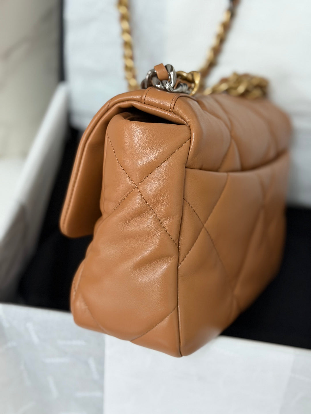 CHANEL Caramel Brown Lambskin Mixed Hardware 19 Size Small Medium Flap bag from 2022