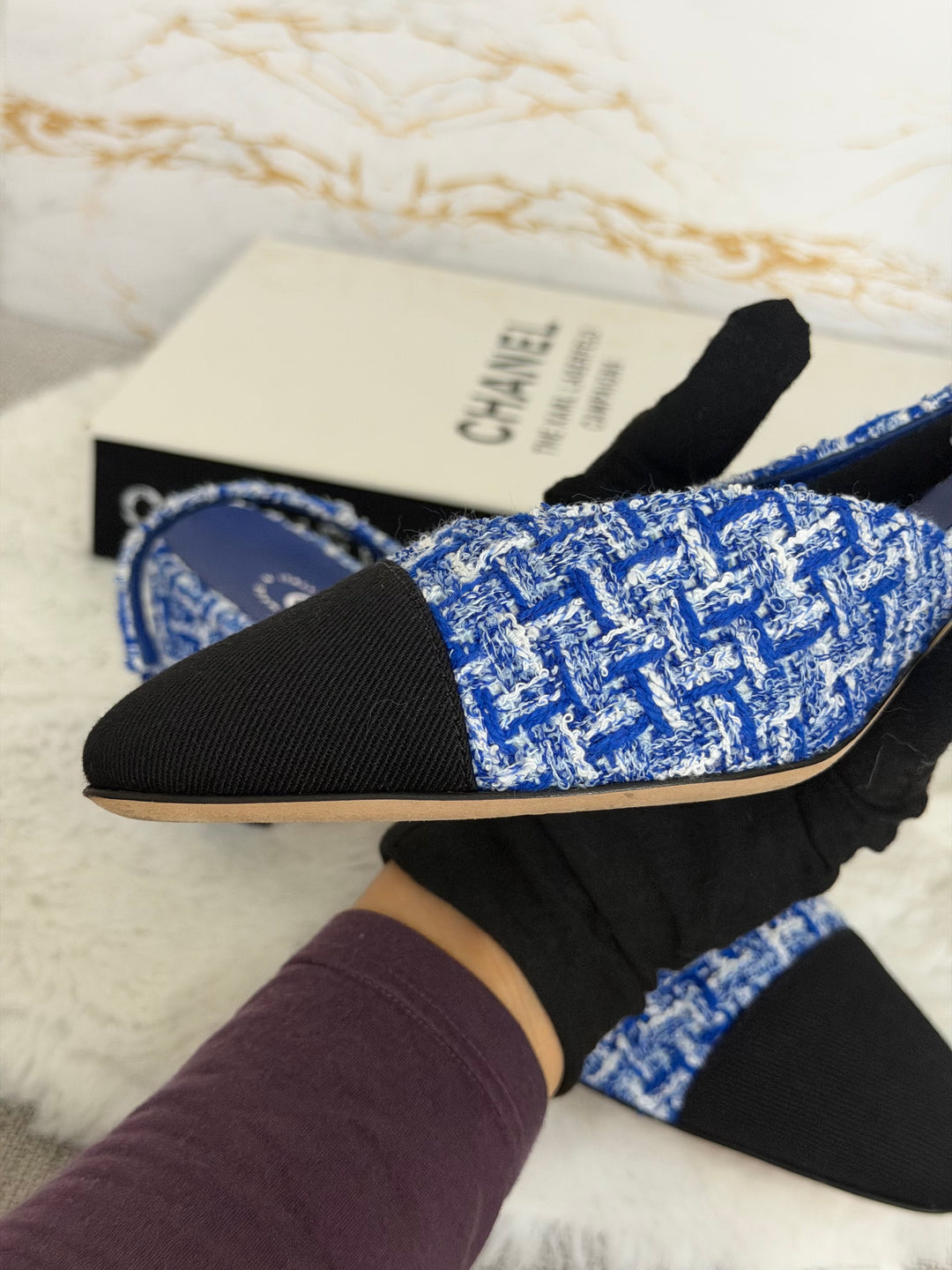 CHANEL 23P Cobalt Blue SHW Tweed Slingback shoes with kitten heels