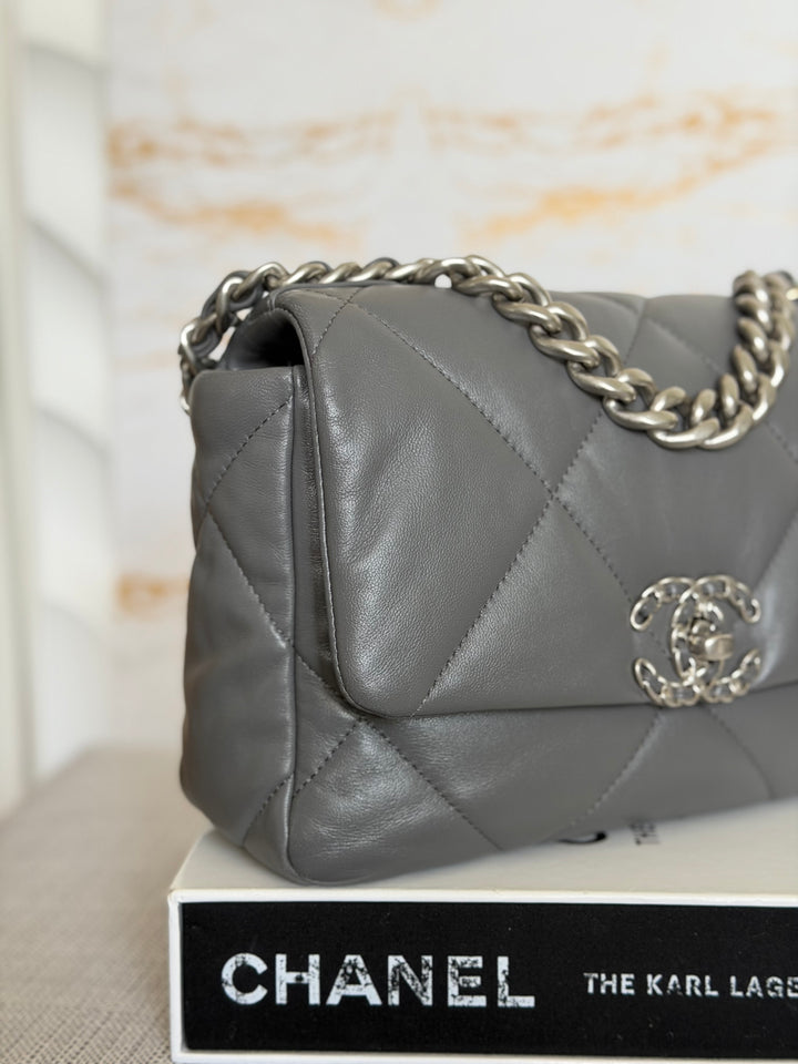 CHANEL Dark Grey Lambskin 19 Size SMALL/MEDIUM Mixed HW Flap Bag 2022 Microchipped
