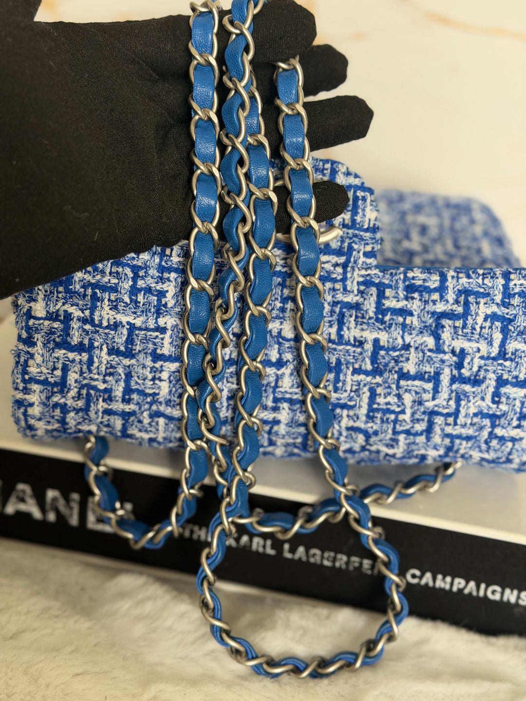 CHANEL 23P Cobalt Blue Muti Coloured Tweed Brushed SHW Mini rectangular flap bag 2023