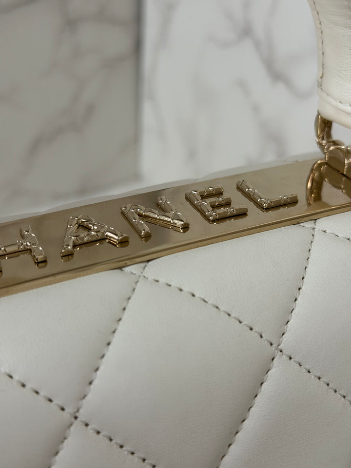 CHANEL 23S collection 2023 White Lambskin LGHW Trendy CC Flap Bag size Small with raised CHANEL Engraved Plate Top Handle