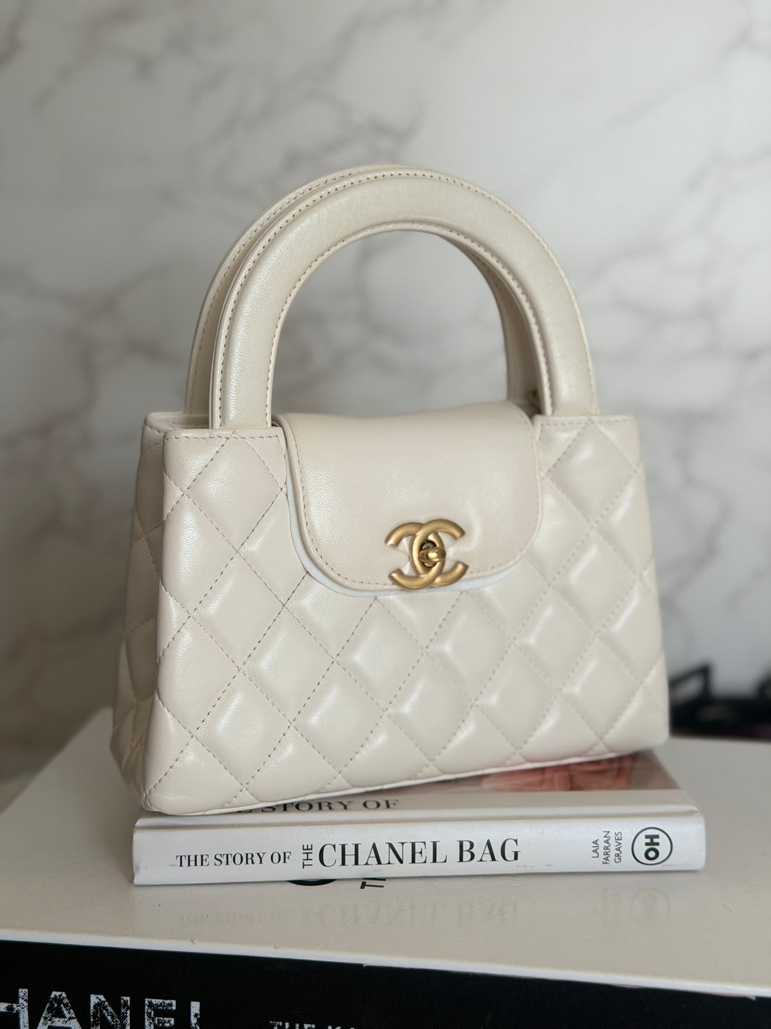 CHANEL White Calf skin Aged GHW Kelly Shopping Bag Size Small 2026
