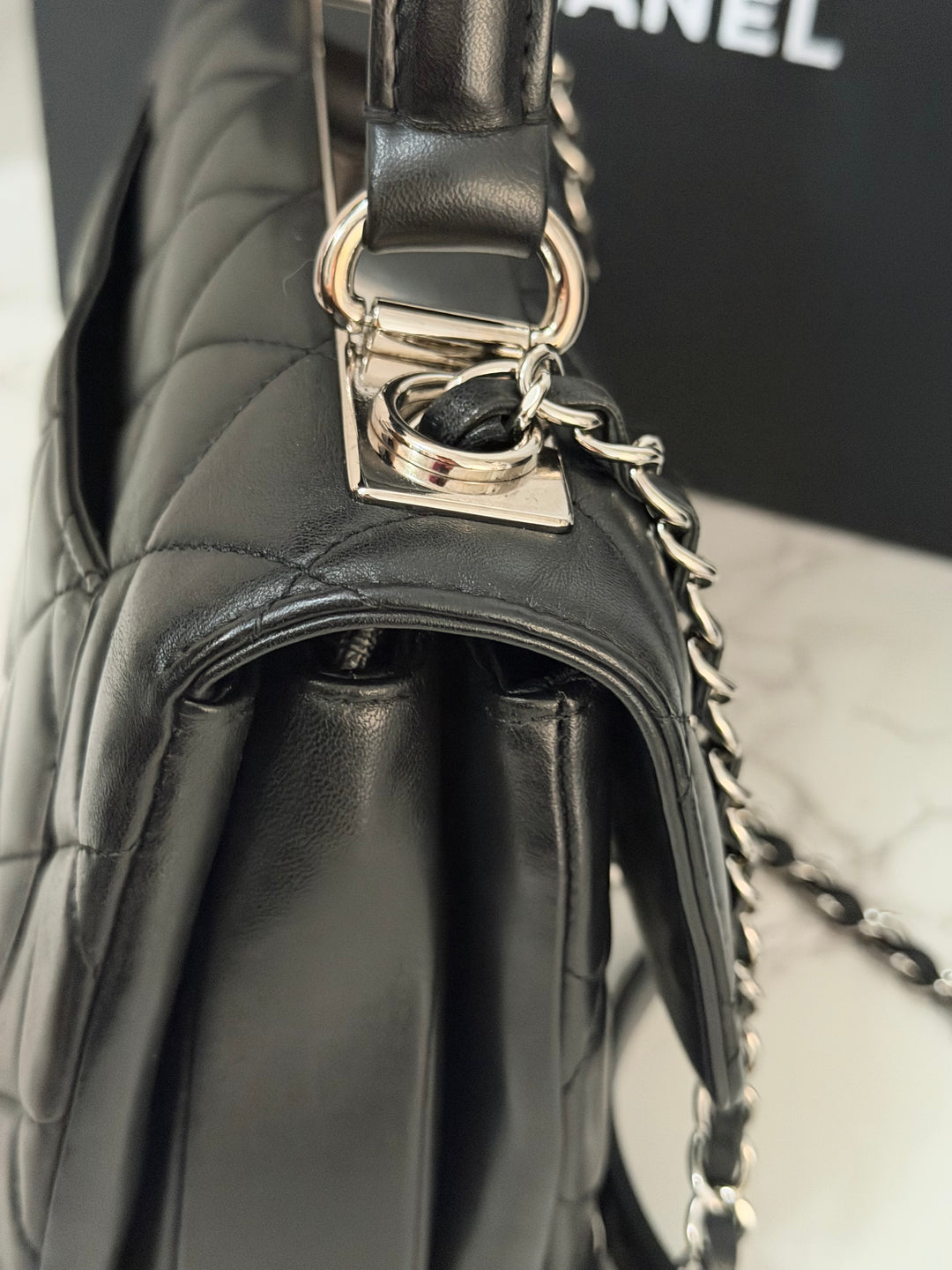 CHANEL series 24 Black Lambskin Silver HW Trendy CC Top Handle Flap Bag with Top Handle and detachable chain