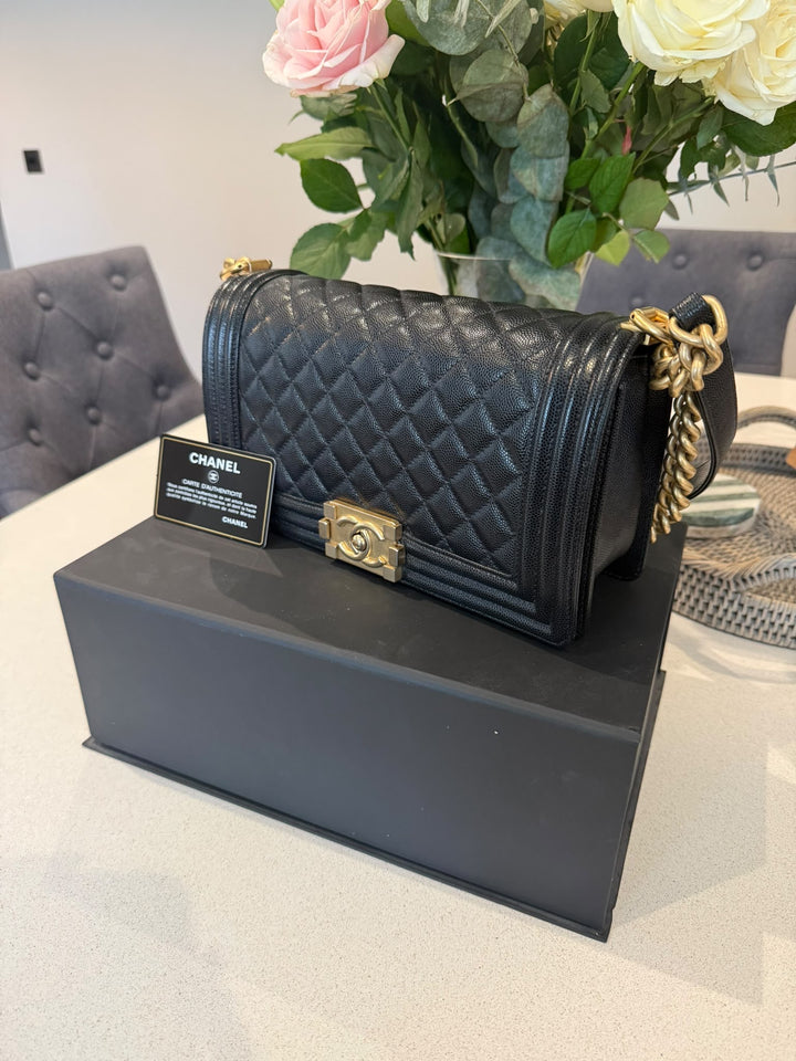 CHANEL series 29 2019 Black Caviar aged GHW Le Boy Flap Bag size Old Medium 25 cms