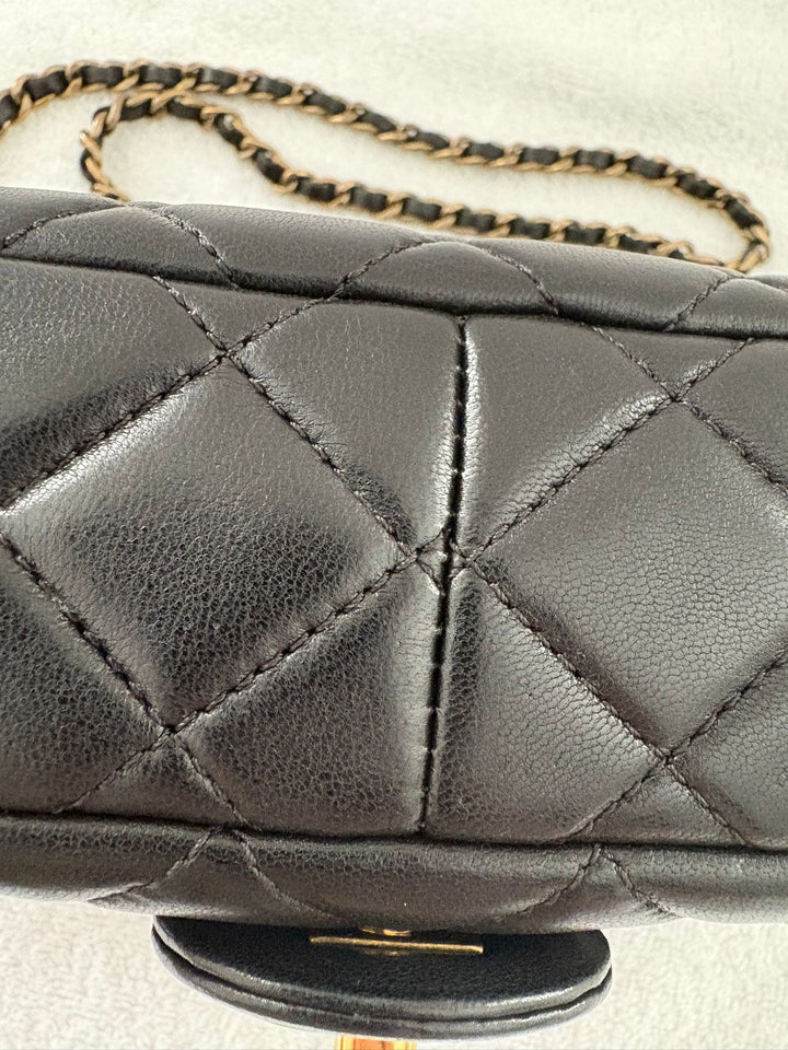 CHANEL series 20 Black Lambskin Anyique GHW Mini Flap Bag Seasonal Minaudières 2014 Limited Runway “meat package” collection