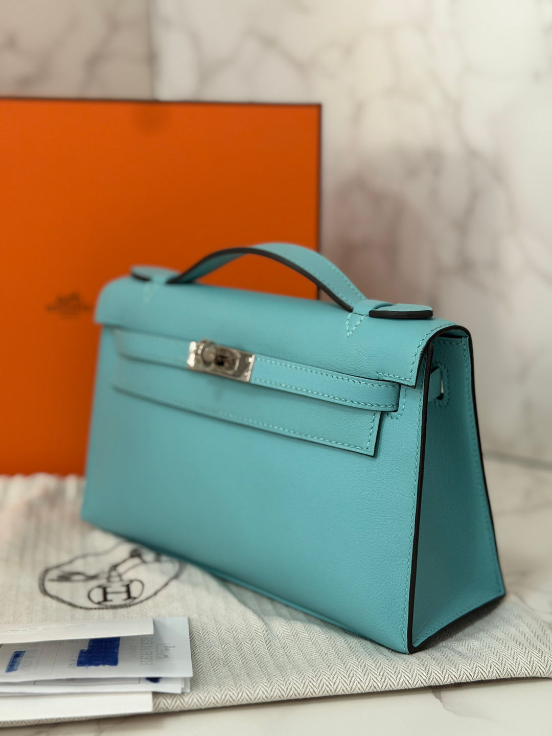 Hermès Kelly Pochette Swift Leather in Bleu Atoll 3P PHW Palladium Hardware Stamp T