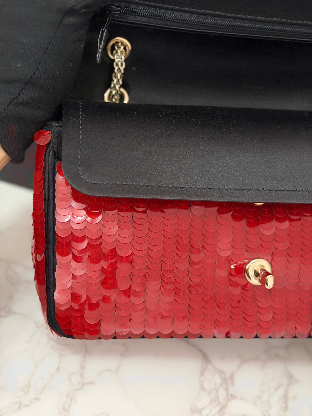 CHANEL series 13 2010 Red Sequin and Black Satin Paris-Shanghai Medium Flap Bag Gold Hardware