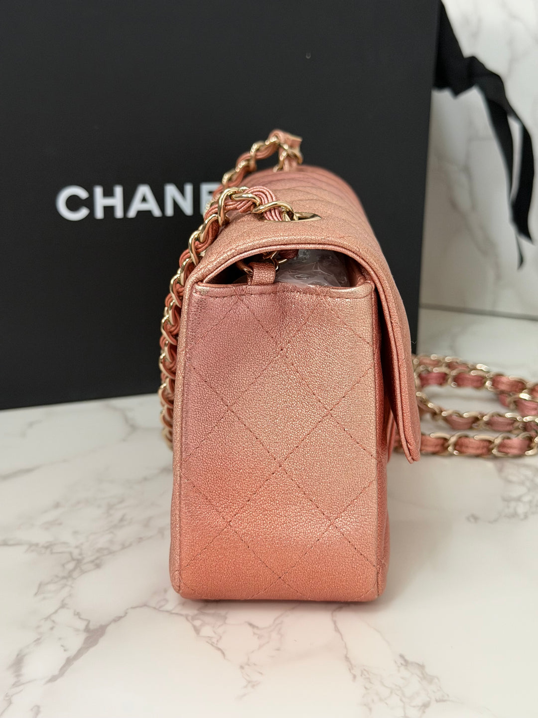 CHANEL 21S Ombré Rose Gold Metallic Copper Lambskin LGHW Mini Rectangular Flap Bag 2021