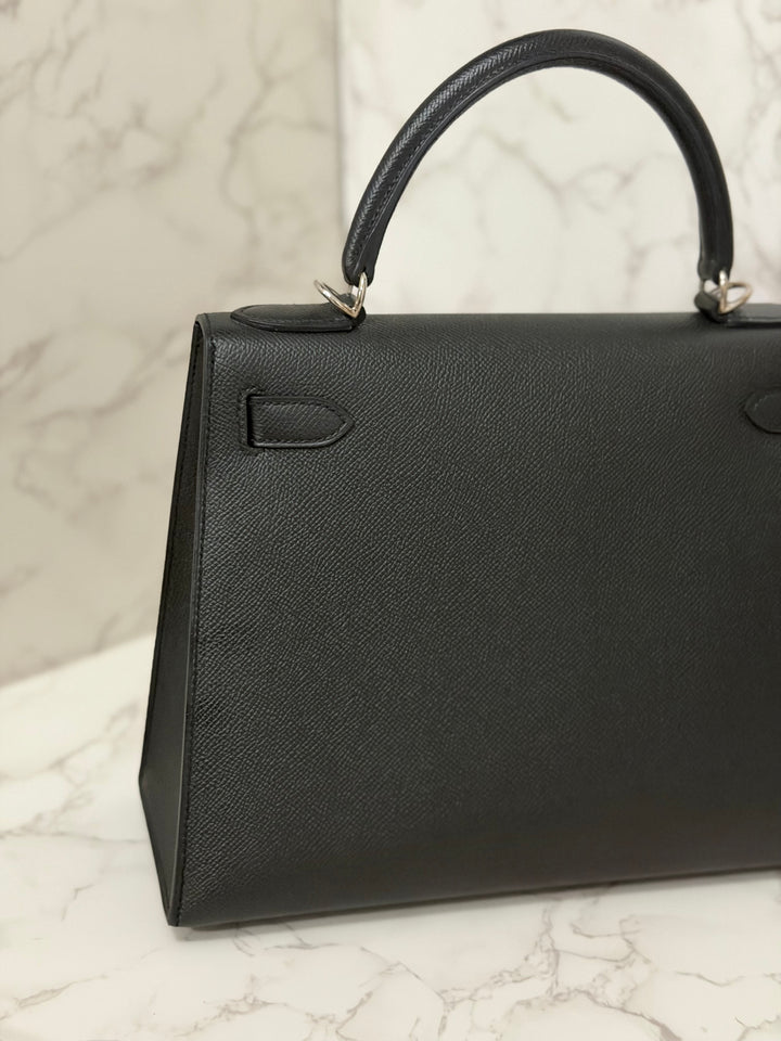 HERMES Black Noir Sellier Epsom Leather PHW Kelly 28 Stamp R 2014