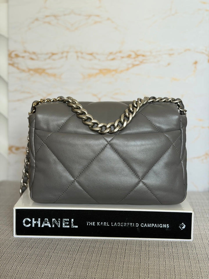 CHANEL Dark Grey Lambskin 19 Size SMALL/MEDIUM Mixed HW Flap Bag 2022 Microchipped