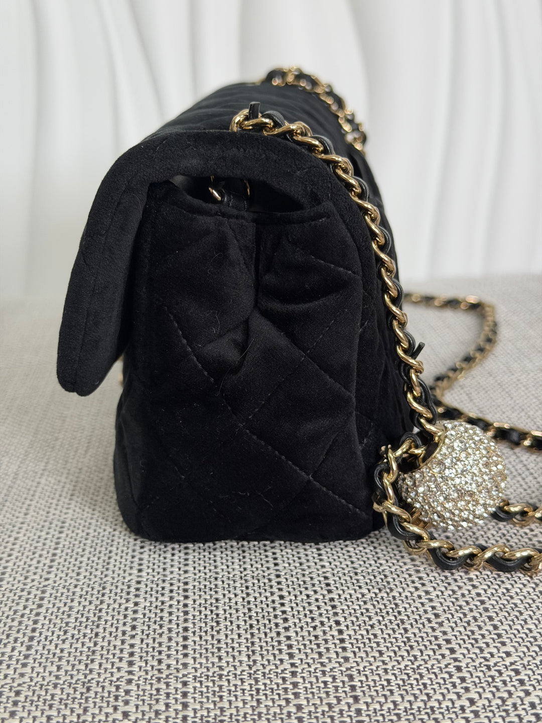 CHANEL series 30 2020 20K collection Black Velvet Crystal Pearl Crush Adjustable Strap LGHW Mini Rectangular Flap Bag