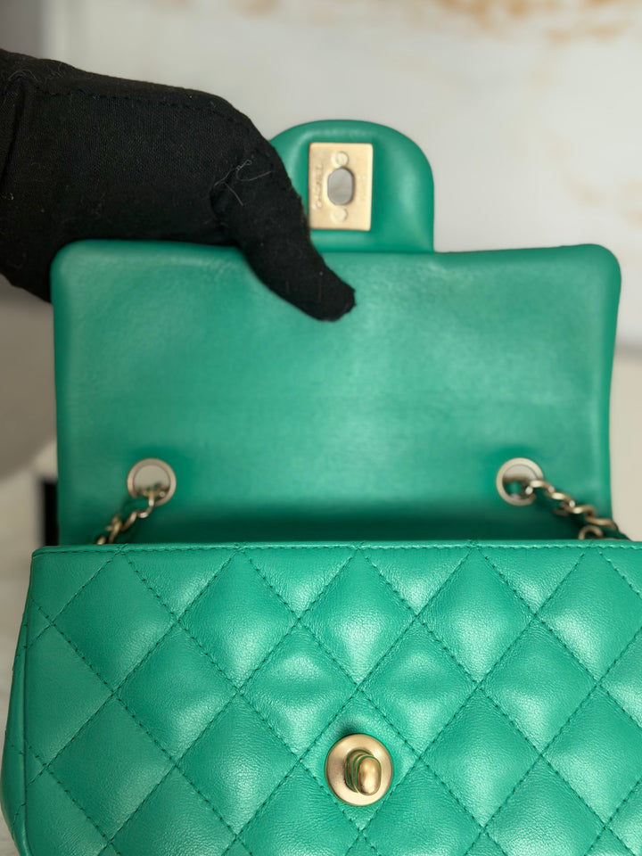 CHANEL series 21 Green Lambskin Brushed GHW Extra Mini Flap Bag 7.5 inches (discontinued line)