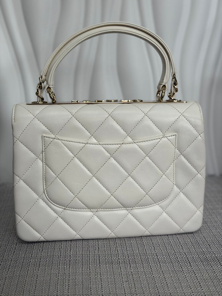 CHANEL 23S collection 2023 White Lambskin LGHW Trendy CC Flap Bag size Small with raised CHANEL Engraved Plate Top Handle