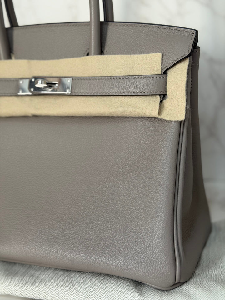 HERMES Gris Asphalt Leather Birkin 30 Bag Palladium Hardware Stamp D 2019