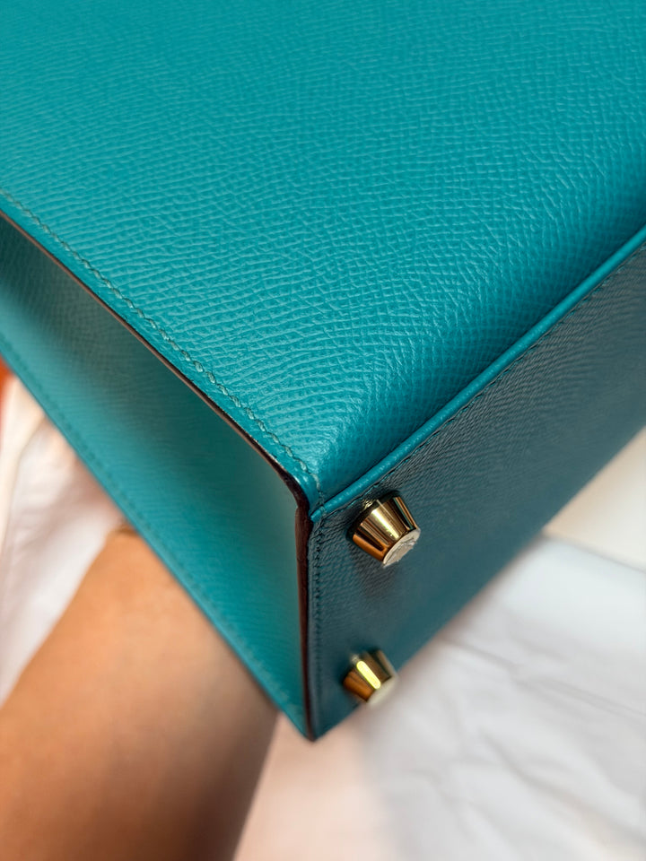 Hermes Kelly 28 Sellier Epsom Leather SO Bleu Paon GHW Stamp D 2019
