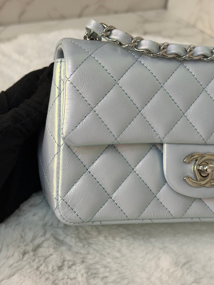 CHANEL 21K 2021 Iridescent light Blue Calf skin SHW Mini rectangular flap bag microchip