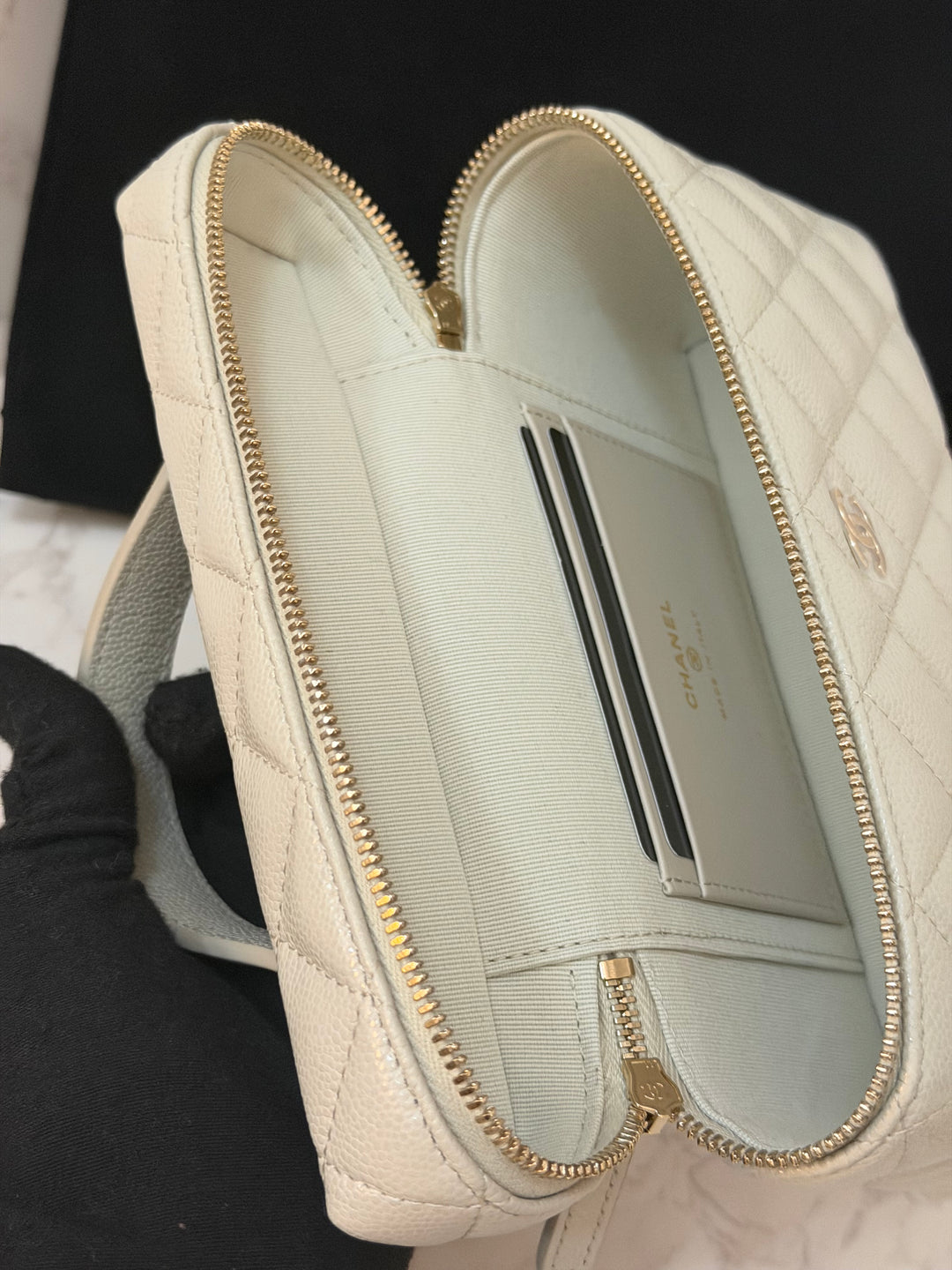 CHANEL 25B 2025 Light Grey Caviar LGHW Long Vanity Bag with Detachable Chain