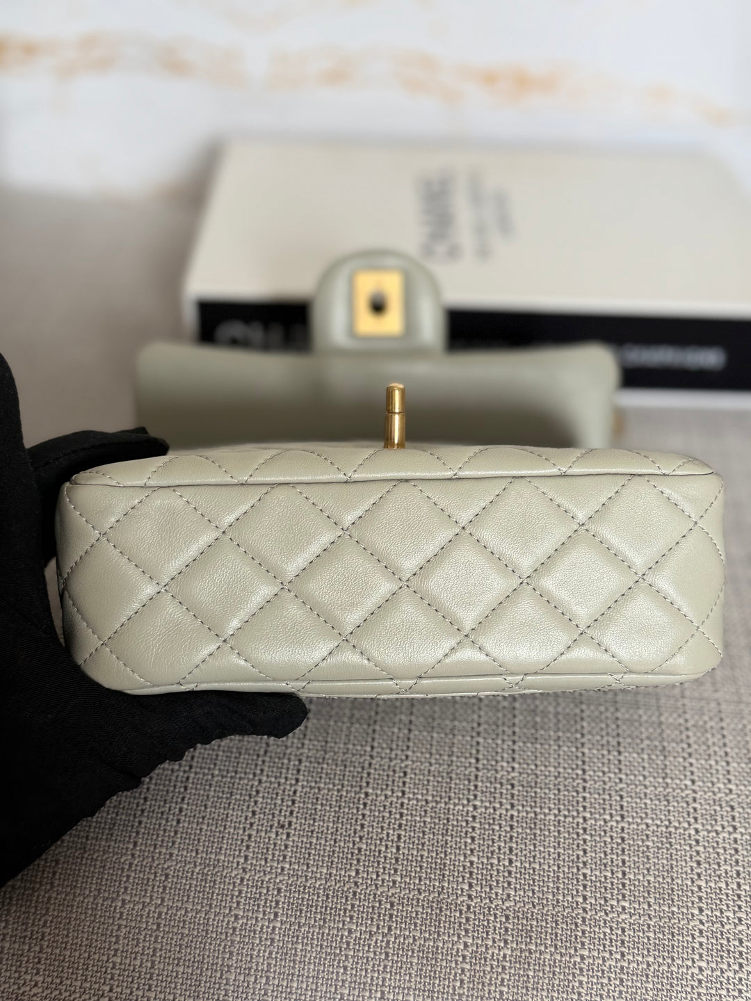 CHANEL Grey Lambskin Aged GHW Pearl Crush Adjustable Chain Mini Rectangular Flap Bag 2021