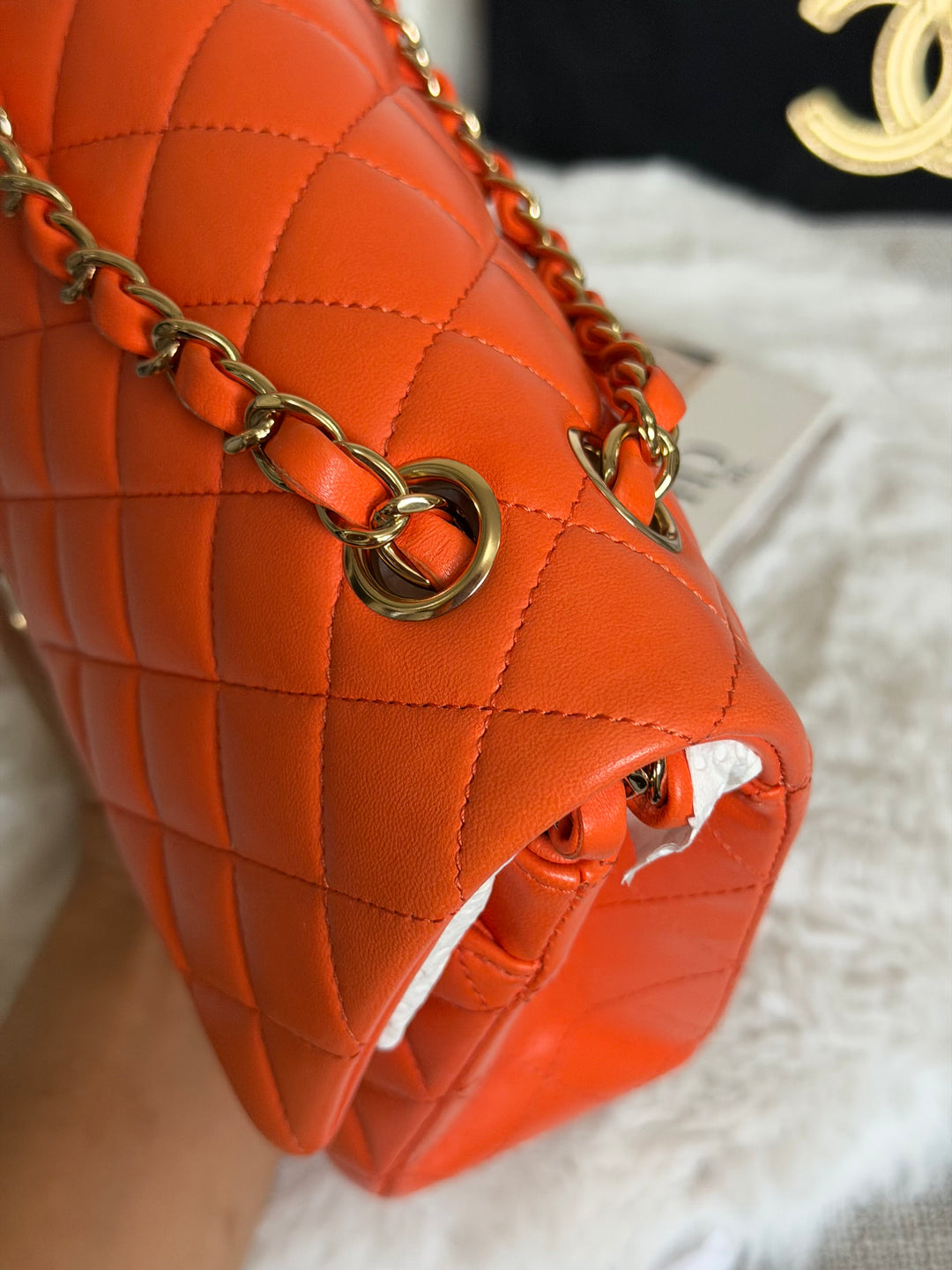 CHANEL 20S Orange Lambskin LGHW Medium ML Timeless Classic Double Flap Bag