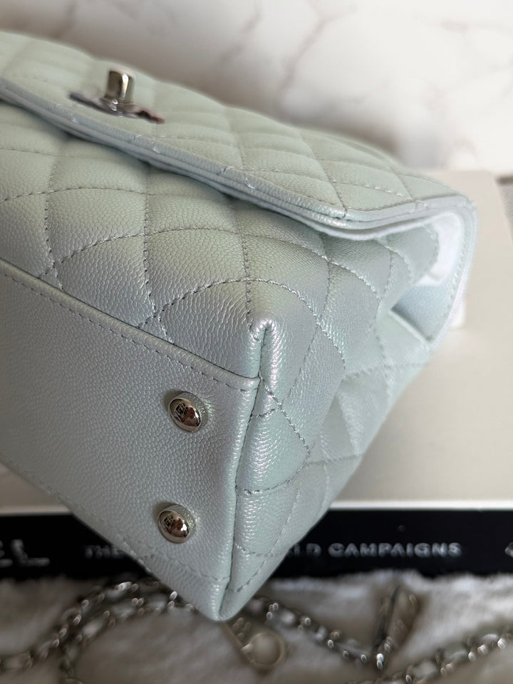 CHANEL 21K iridescent Light Blue Caviar Rainbow and shiny SHW Coco Handle Flap Bag size Small 2021