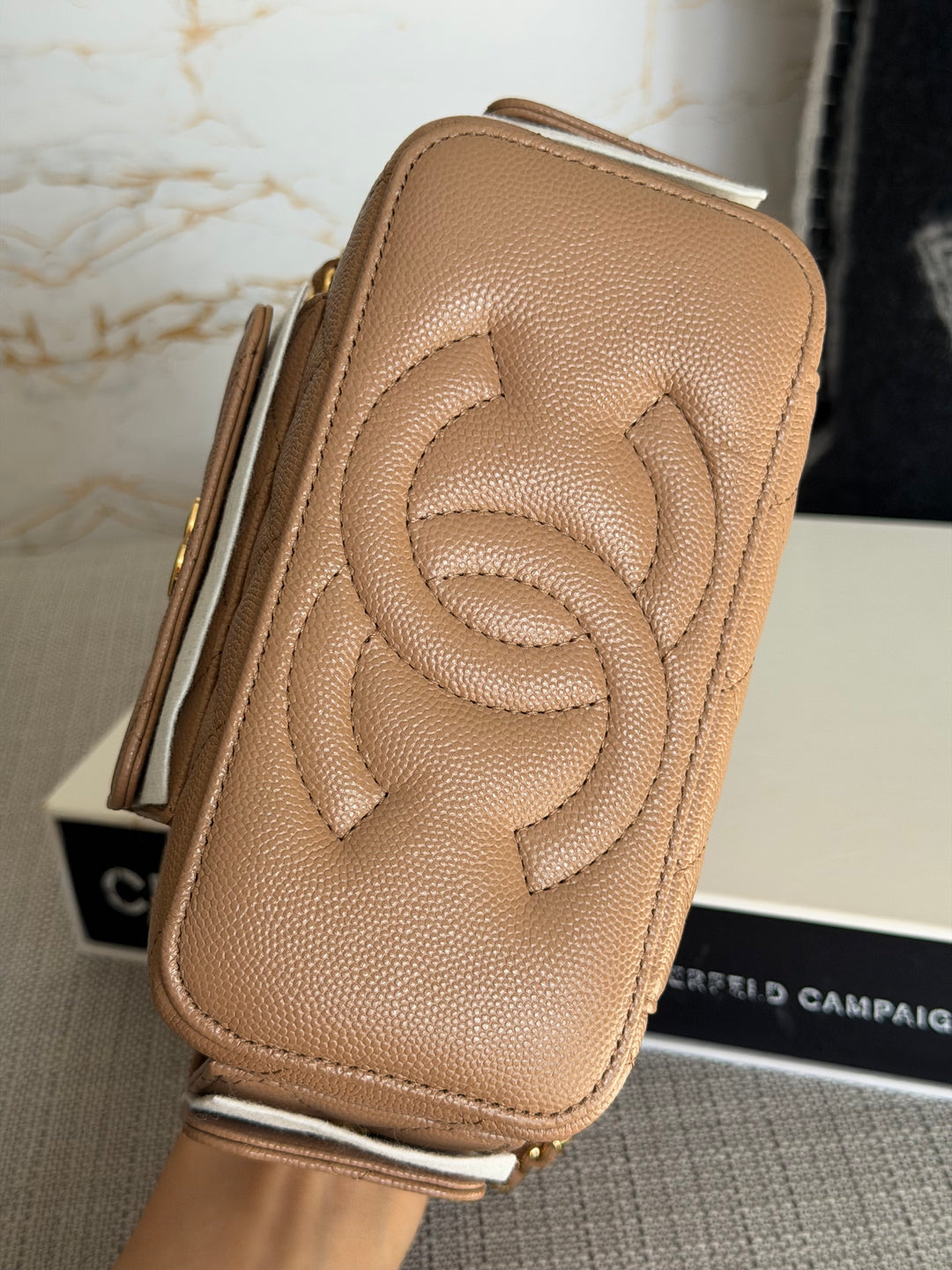 CHANEL Dark Beige Caviar Quilted Polly Pockets Cargo Small Vanity Case with Aged GHW 2023