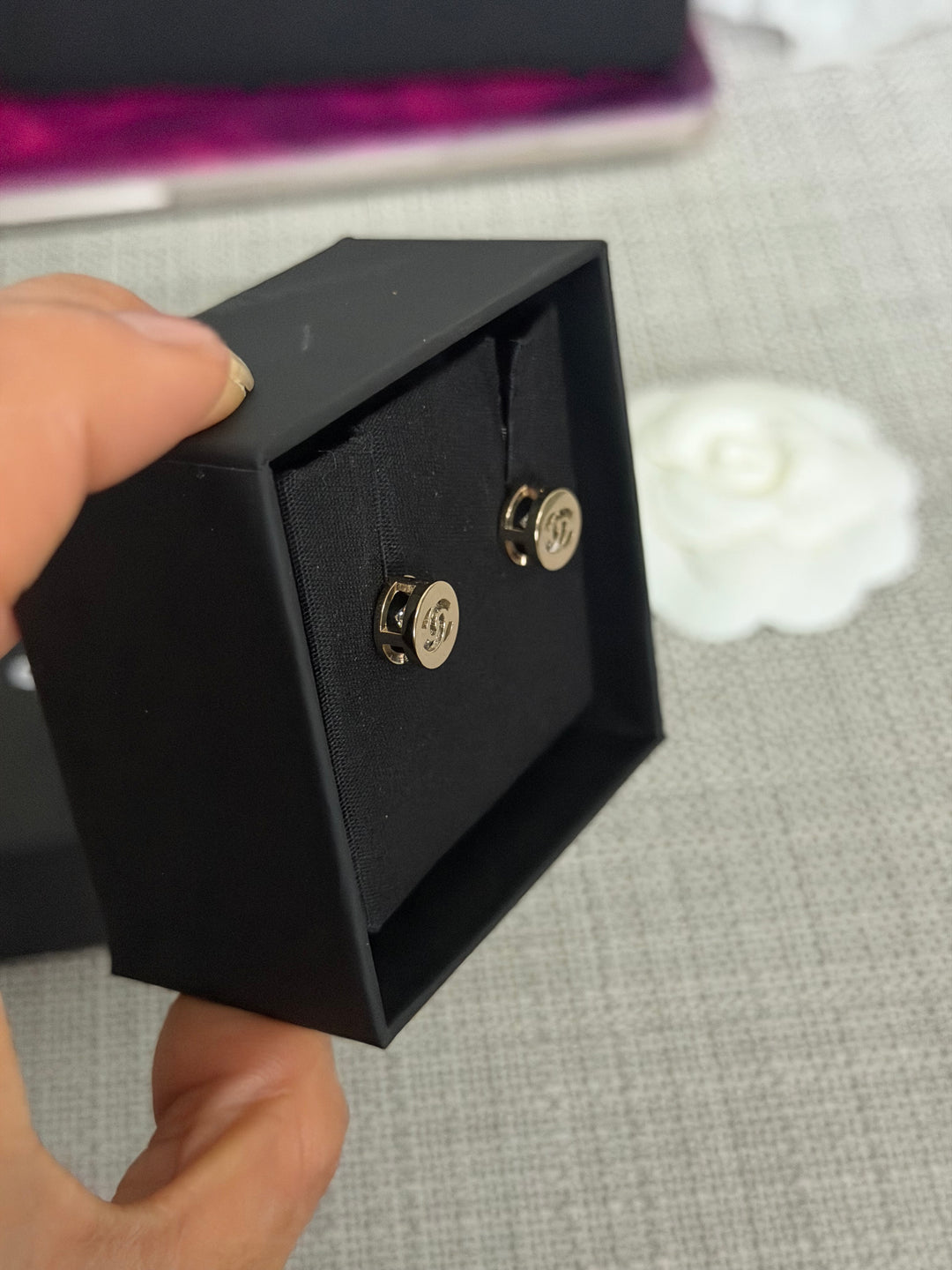 CHANEL 2024 Light Gold Round Earrings with Crystals 0.5 cms diameter