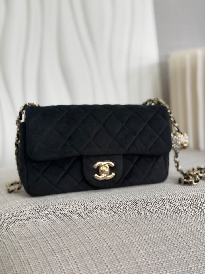 CHANEL series 30 2020 20K collection Black Velvet Crystal Pearl Crush Adjustable Strap LGHW Mini Rectangular Flap Bag