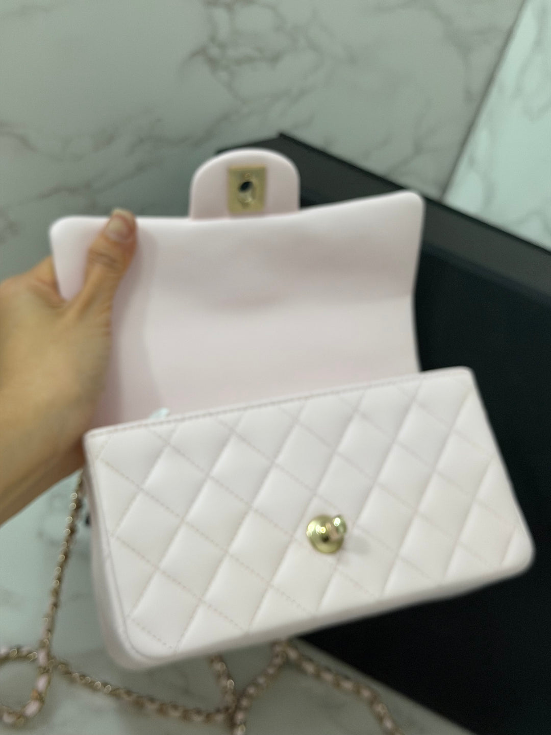 CHANEL 22P 2022 Sakura Light Pink Lambskin LGHW Mini Rectangular Flap Bag with Top Handle