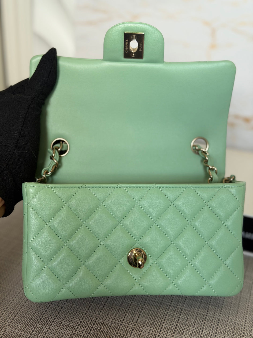 CHANEL Pastel Green Lambskin LGHW Mini Rectangular Flap Bag 2024 8 inches 20 cms