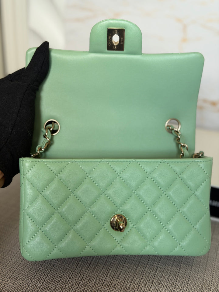 CHANEL Pastel Green Lambskin LGHW Mini Rectangular Flap Bag 2024 8 inches 20 cms
