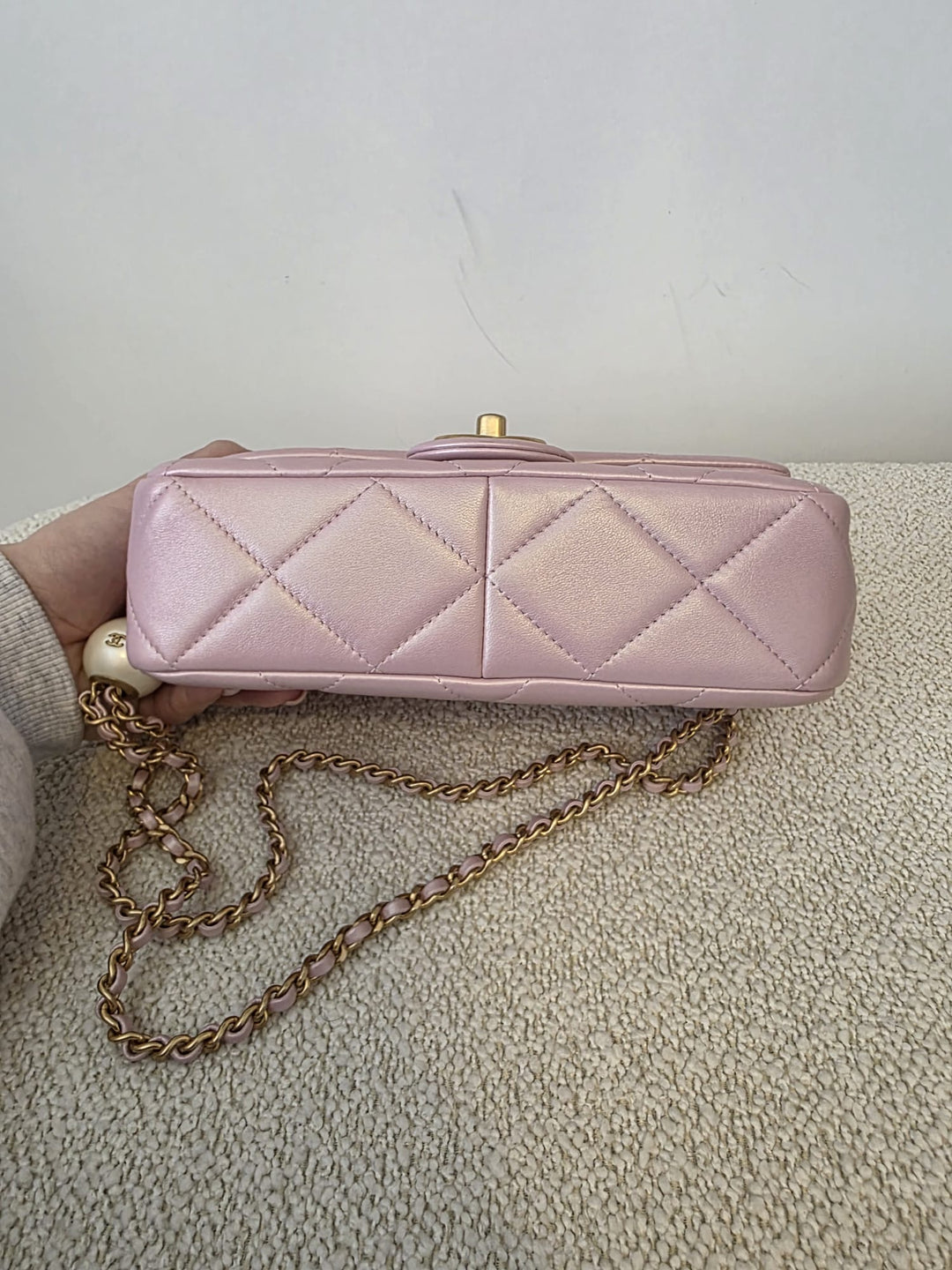 CHANEL 23S Adjustable Pearl Mini (8.25 inches) Rectangular Flap Bag with Pink Lambskin Aged GHW