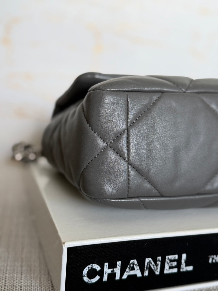CHANEL Dark Grey Lambskin 19 Size SMALL/MEDIUM Mixed HW Flap Bag 2022 Microchipped