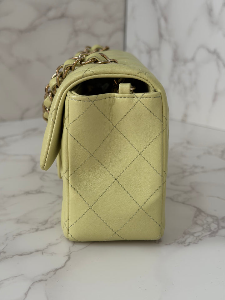 CHANEL 23C Collection 2022/2023 Cruise Pistachio Green Lambskin Mini Rectangular Flap Bag with Champagne GHW
