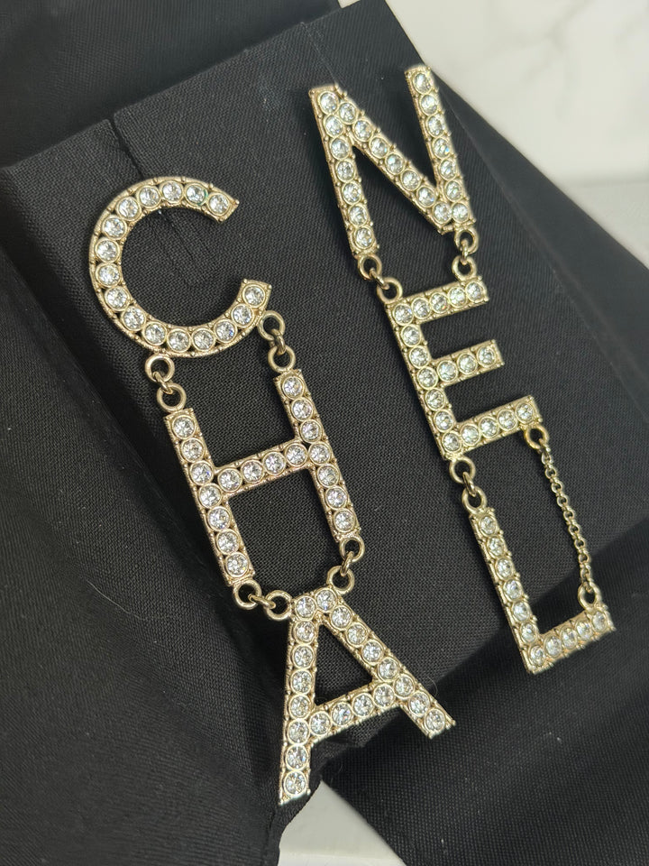 CHANEL Diamanté Letter Statement Earrings in Gold and Crystals