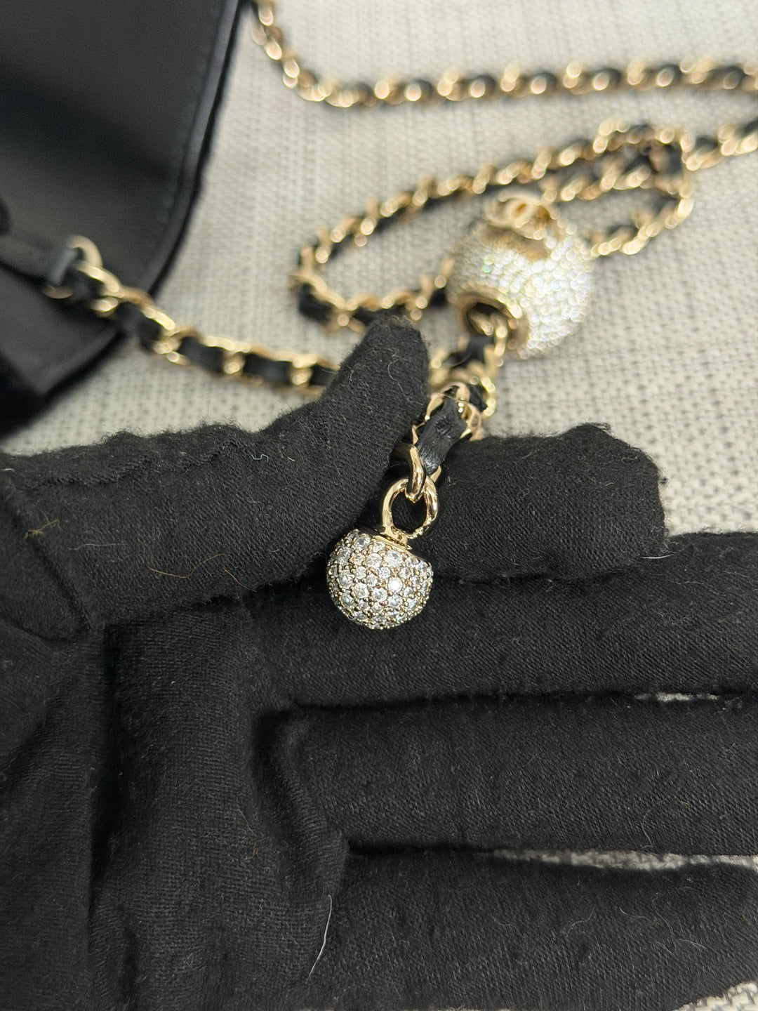 CHANEL 2025 Black Velvet Crystal Pearl Crush Adjustable Strap Wallet on Chain (WOC)