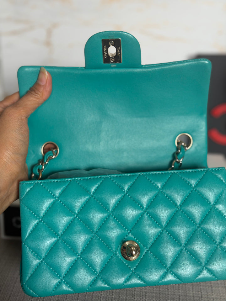 CHANEL series 23 Turquoise Lambskin LGHW Mini Rectangular Flap Bag 2016