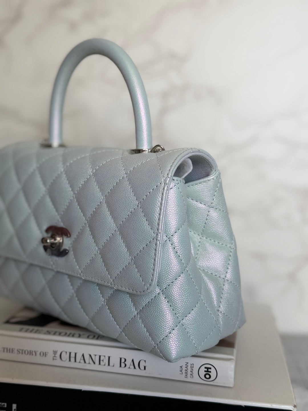 CHANEL 21K iridescent Light Blue Caviar Rainbow and shiny SHW Coco Handle Flap Bag size Small 2021