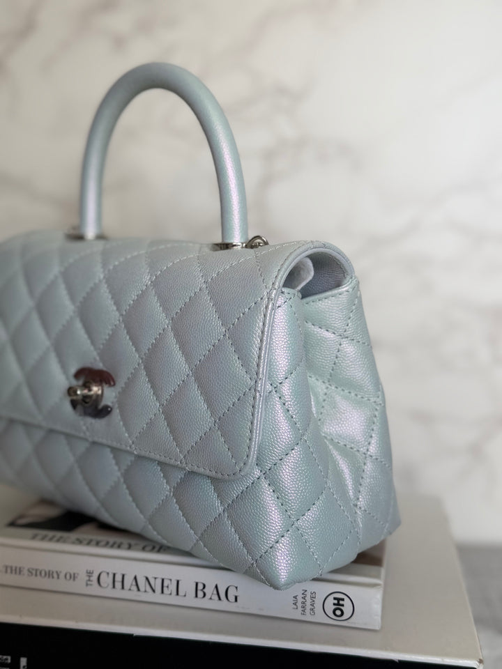 CHANEL 21K iridescent Light Blue Caviar Rainbow and shiny SHW Coco Handle Flap Bag size Small 2021
