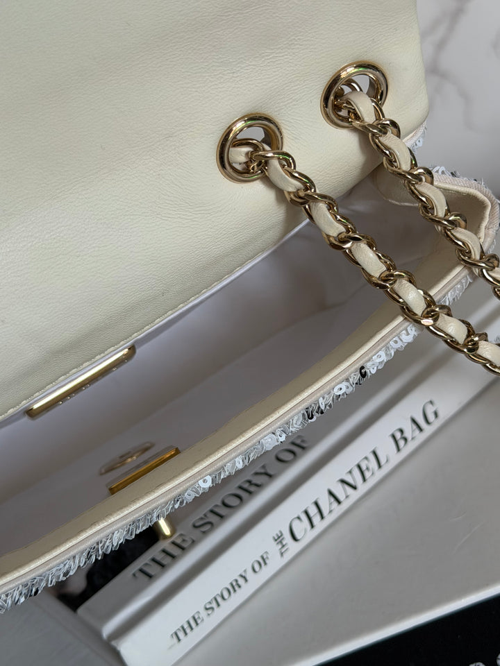 CHANEL 22C White and Black Sequin SMALL Flap Bag LGHW 2022