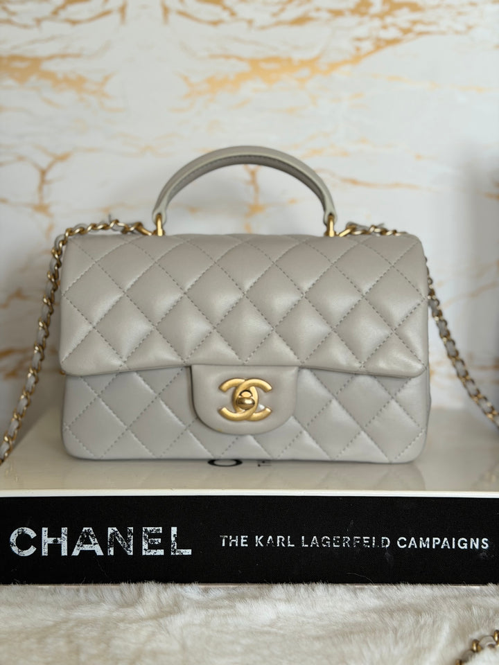 CHANEL Grey Lambskin Aged GHW Top Handle Mini Rectangular Flap Bag 2021 21A collection
