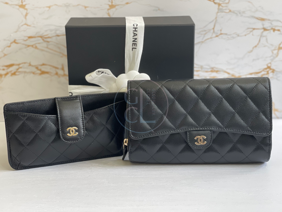 Chanel Wallet with Phone Pouch Clutch with Chain in Black Caviar LGHW