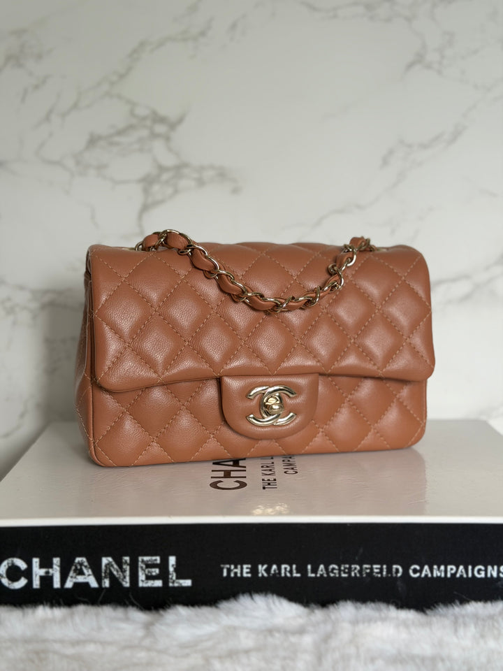 CHANEL 22S Caramel Brown NB356 Lambskin LGHW Mini Rectangular Flap Bag 2022